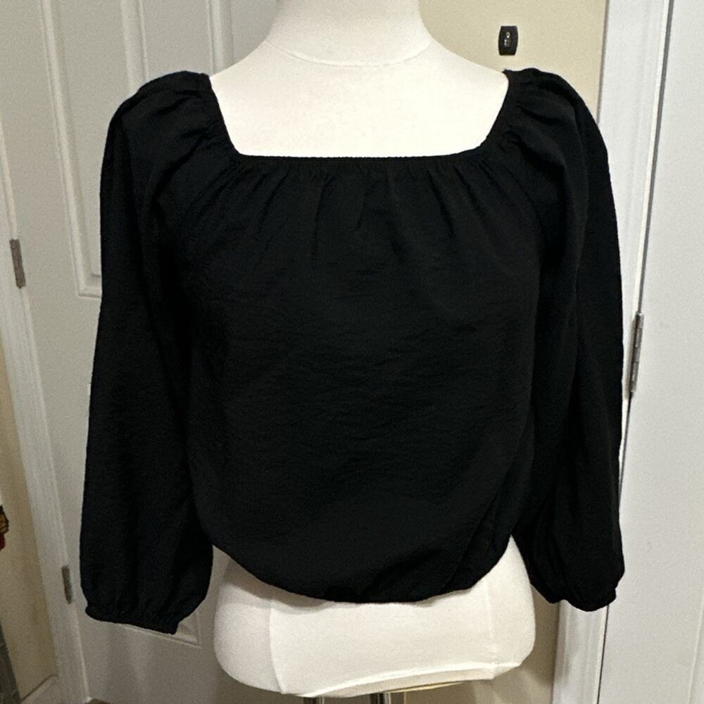 Nine West Womens S Black Solid Woven Square Neck Puff Long Sleeve Pullover